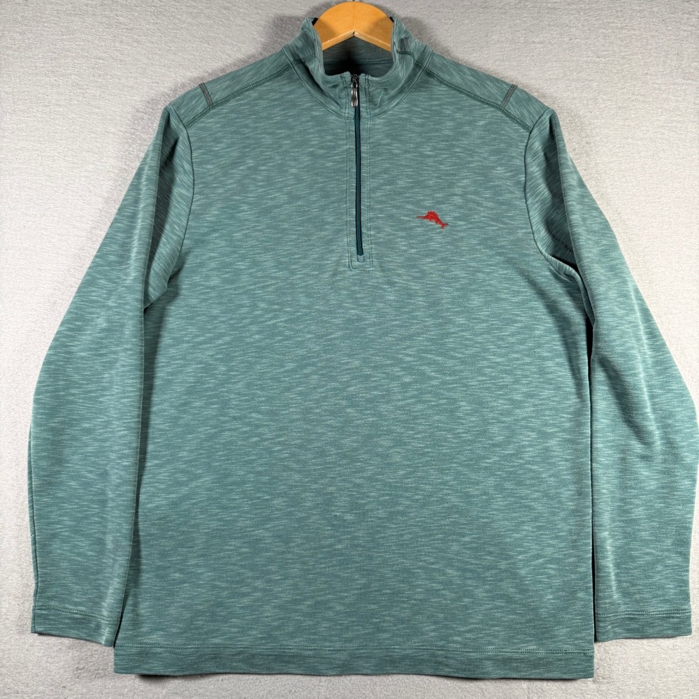 Tommy Bahama Mens 1/4 Zip Pullover Teal Green Heathered Tencel Modal Medium
